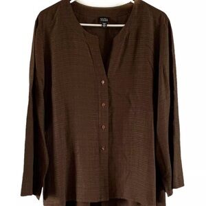 Eileen Fisher Brown Linen 3/4 Sleeve Button Down Top Women’s Size M
